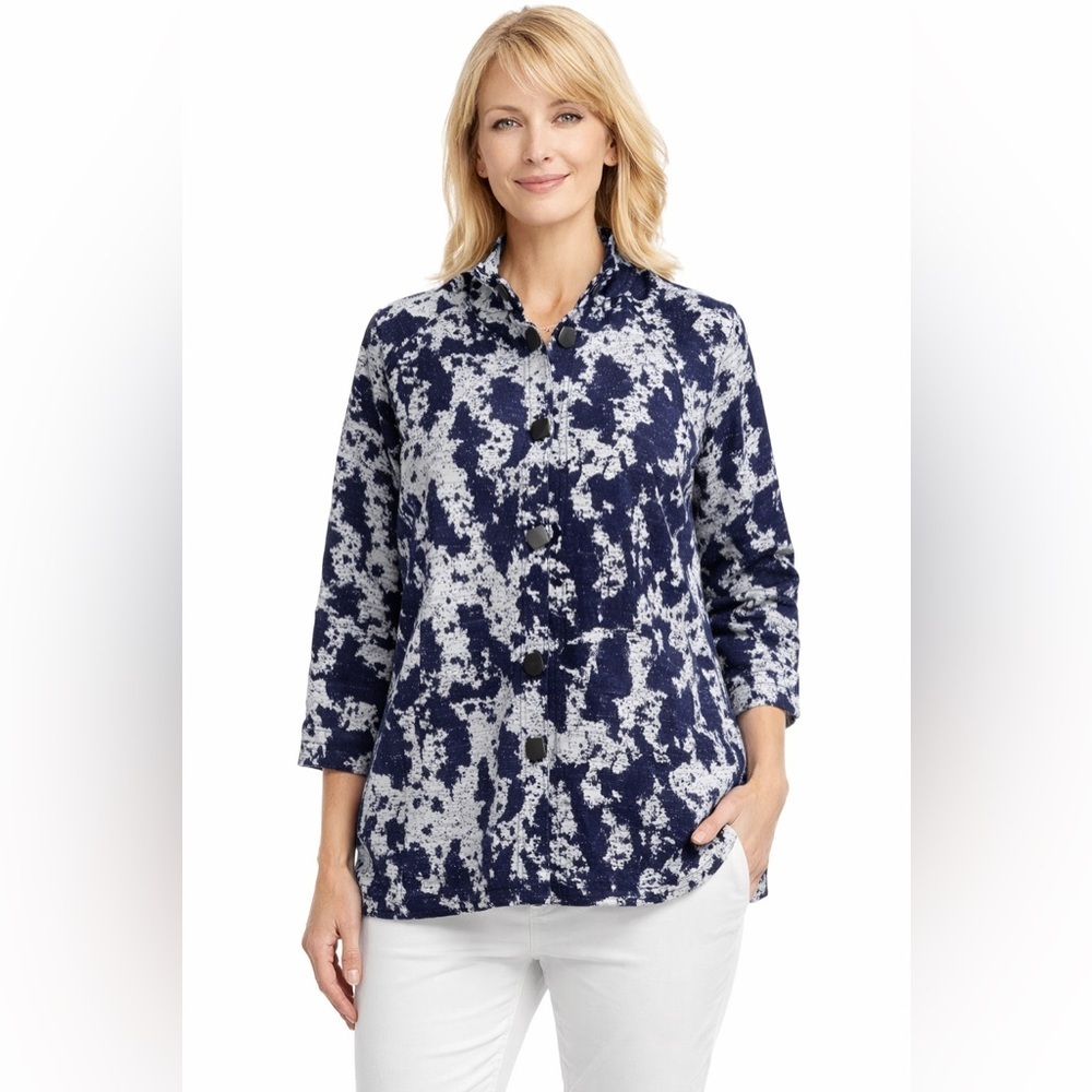 Ming Wang XL Blue White Abstract Button Front Lightweight Cotton Jacket Top